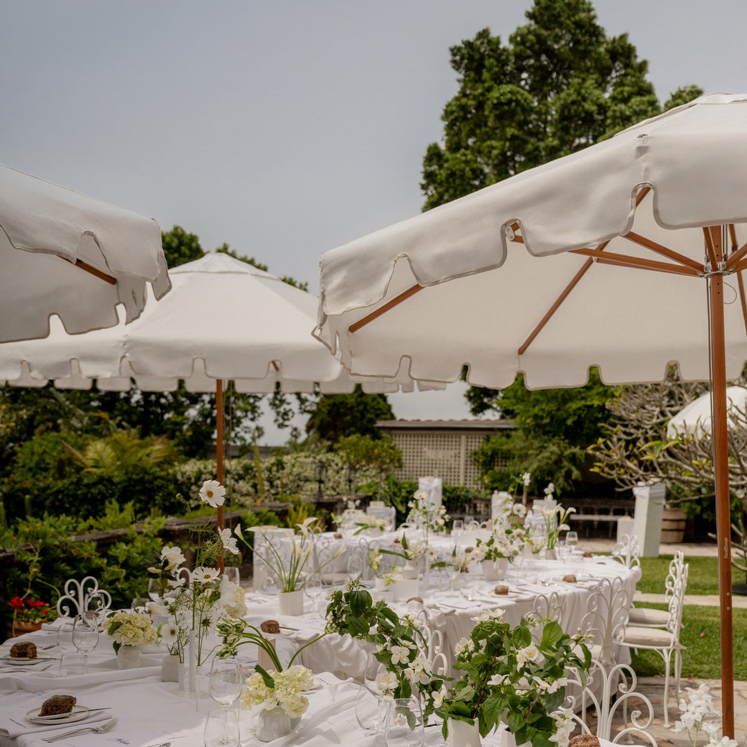 Timber Patio white umbrella bridal keyhole