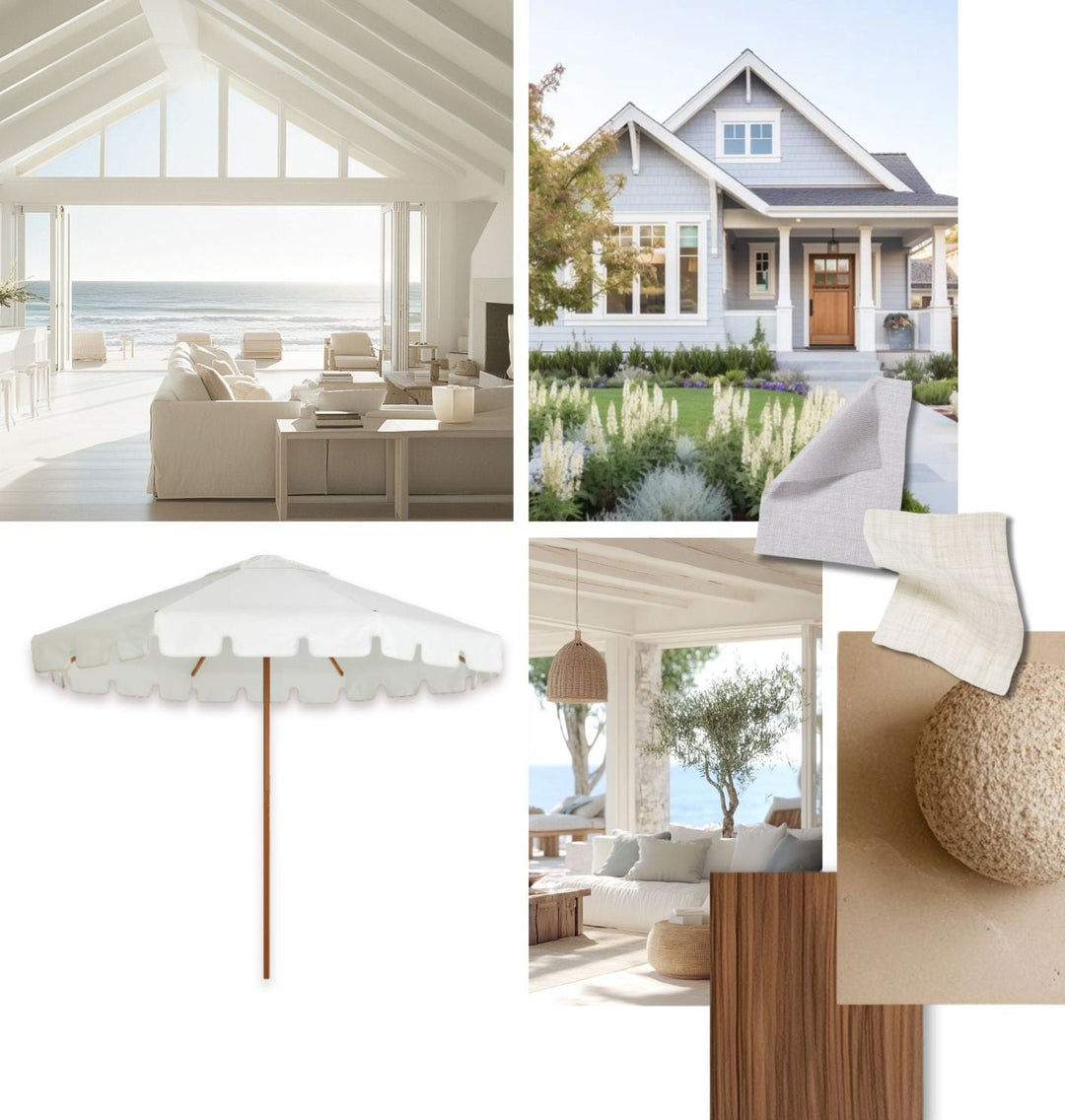 Modern Hamptons mood board featuring Basil Bangs designer patio umbrellas and luxury outdoor furniture textures.