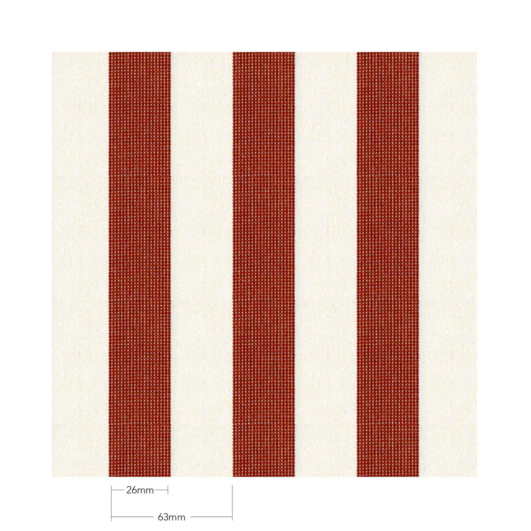 Basil Bangs Amore Chestnut fabric swatch, a striped red, premium solution-dyed acrylic material.