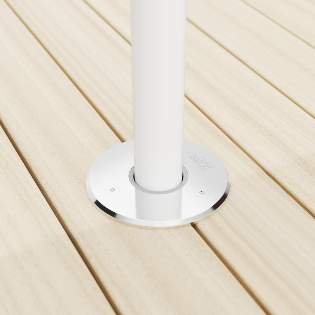 Basil Bangs table mount for patio umbrellas, installed in timber table. Improves umbrella stability and security for commercial venues.