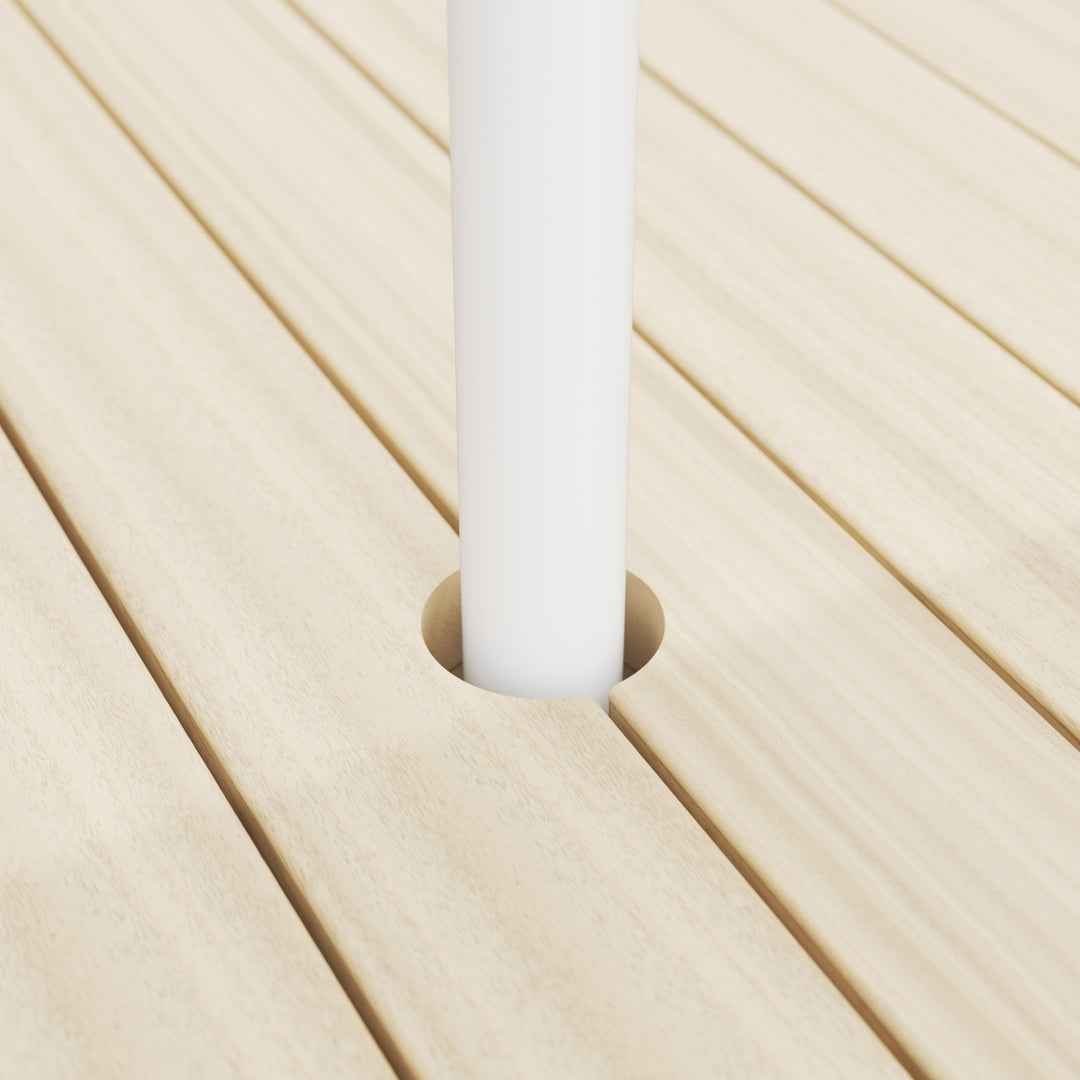 Basil Bangs table mount for patio umbrellas, installed in timber table. Improves umbrella stability and security for commercial venues.