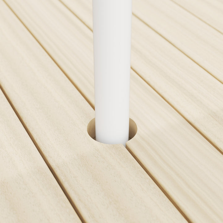 Basil Bangs table mount for patio umbrellas, installed in timber table. Improves umbrella stability and security for commercial venues.