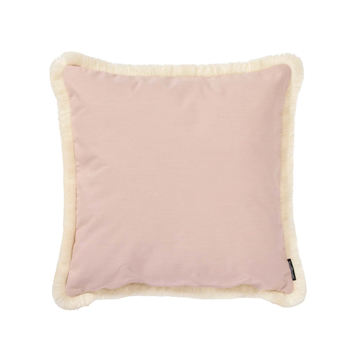 60x60cm outdoor acrylic cushion cover in soft pink with cream fringe