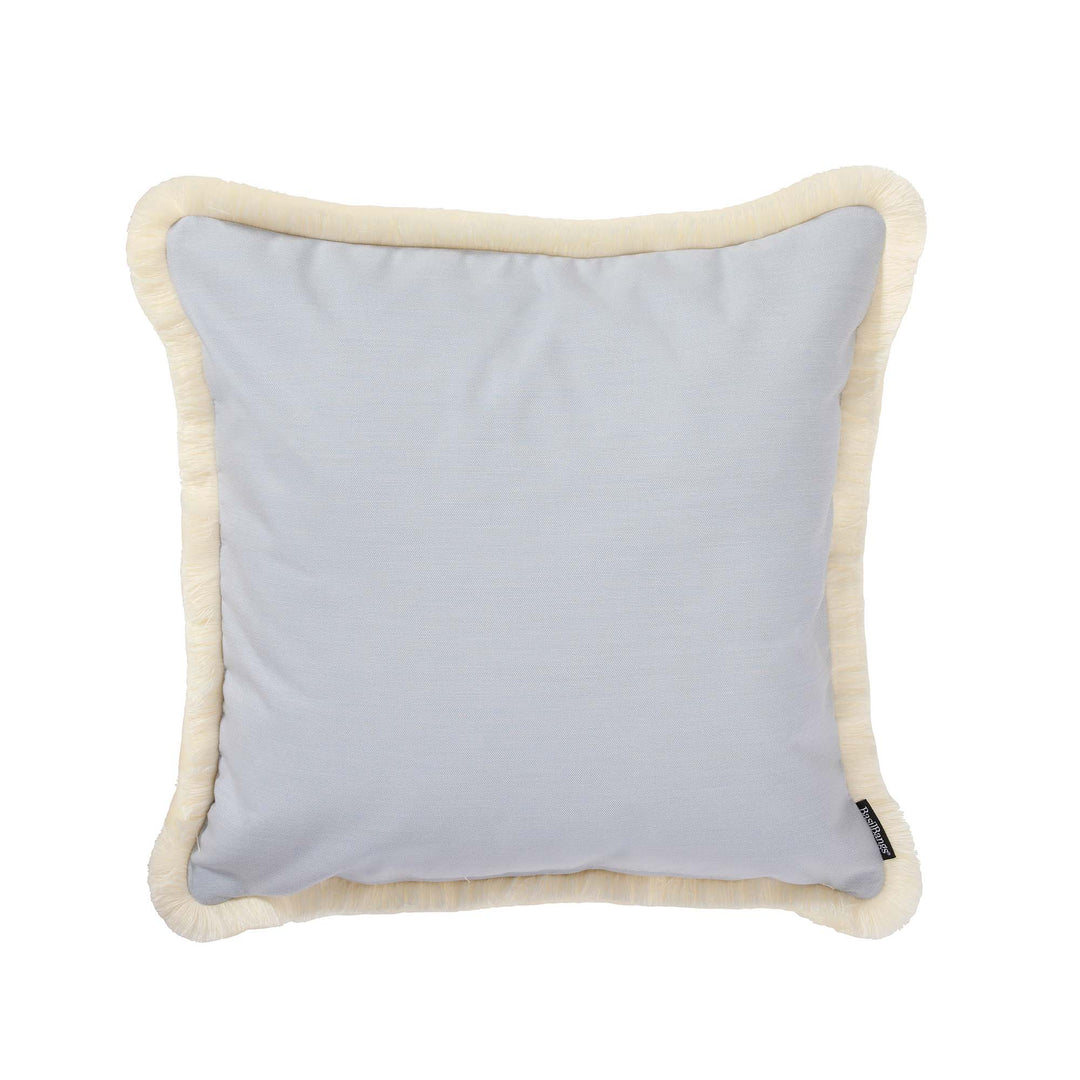 60x60cm outdoor acrylic cushion cover in pastel dusk blue with cream fringe