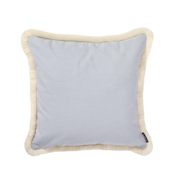 60x60cm outdoor acrylic cushion cover in pastel dusk blue with cream fringe