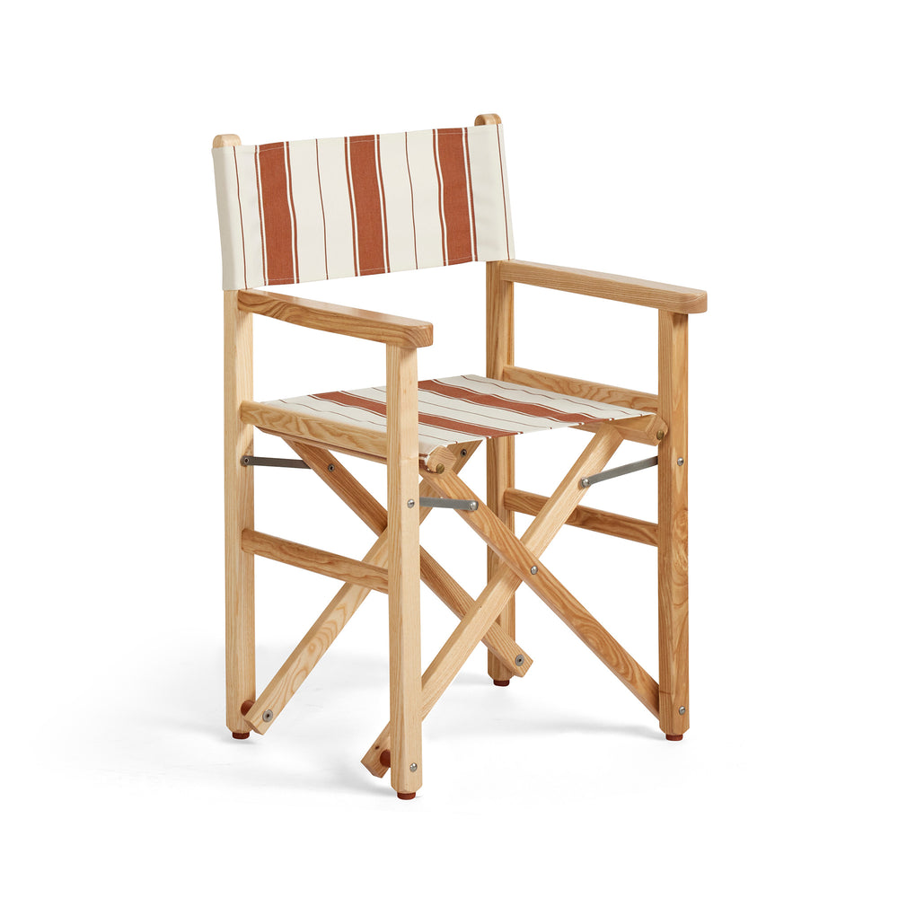 Basil Bangs Al Mare Chestnut Directors Chair with a natural timber frame and a striped outdoor acrylic sling, suitable for outdoor or indoor use.