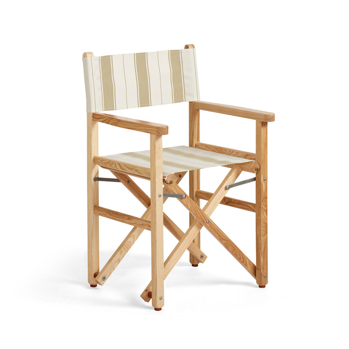 Basil Bangs Al Mare Linen Directors Chair with a natural timber frame and a striped outdoor acrylic sling, suitable for outdoor or indoor use.
