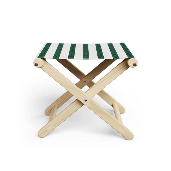 Basil Bangs Footstool, a portable outdoor footrest with a solid European Ash timber frame and outdoor acrylic fabric sling