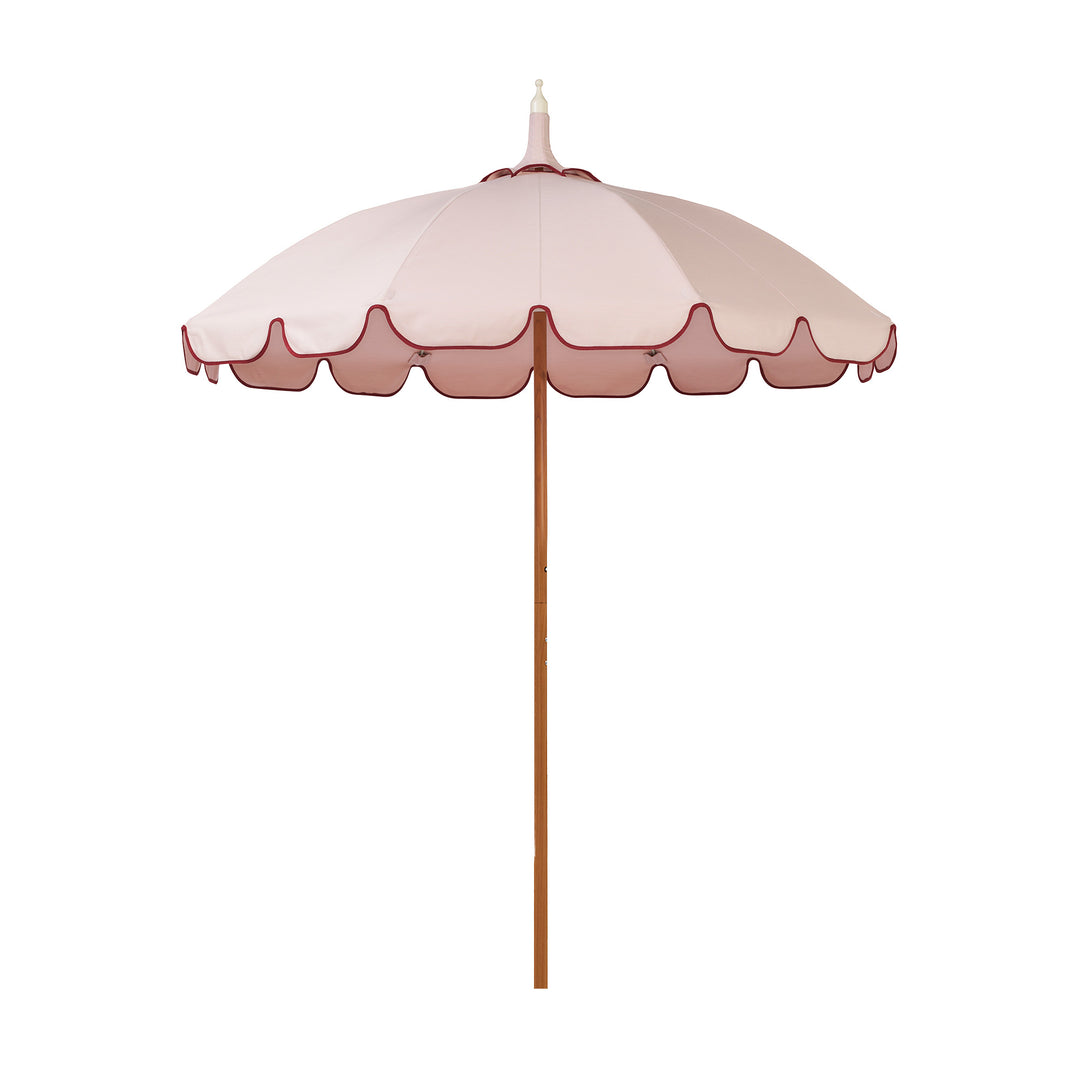 Basil Bangs Pagoda 2.1m commercial patio umbrella with a dusty pink rosa canopy and burgundy binding scalloped valance and a woodgrain powder-coated frame.