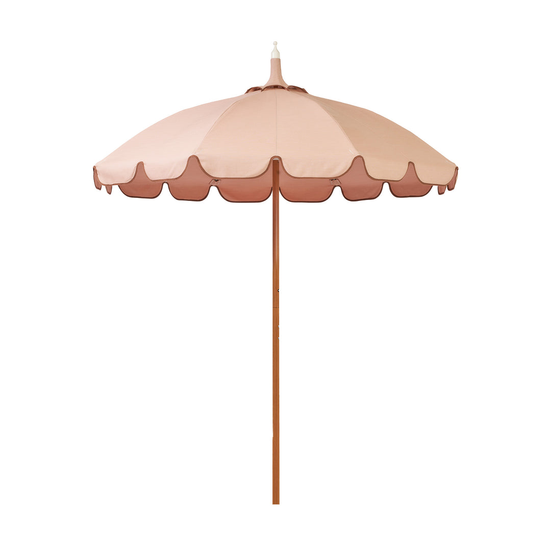 Basil Bangs Pagoda 2.1m commercial patio umbrella with a clay brown canopy and brown binding scalloped valance and a woodgrain powder-coated frame.