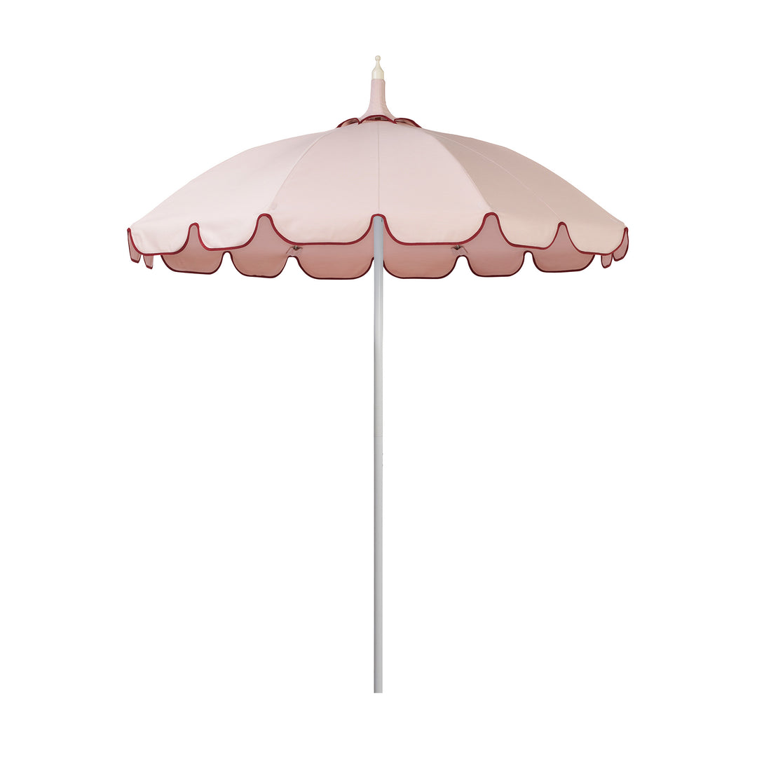 Basil Bangs Pagoda 2.1m commercial patio umbrella with a dusty pink rosa canopy and burgundy binding scalloped valance and a white powder-coated frame.