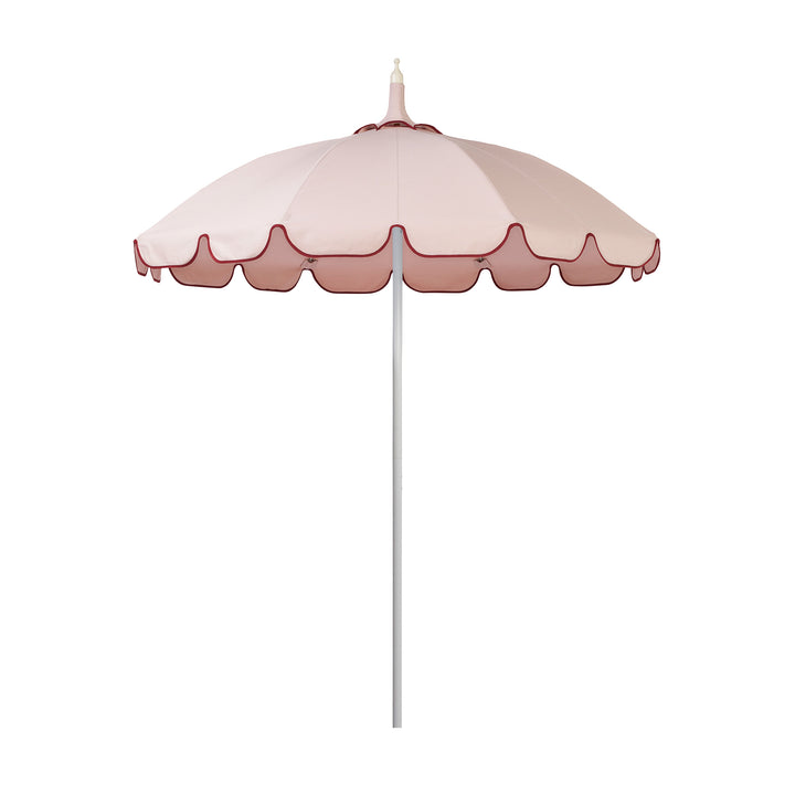 Basil Bangs Pagoda 2.1m commercial patio umbrella with a dusty pink rosa canopy and burgundy binding scalloped valance and a white powder-coated frame.