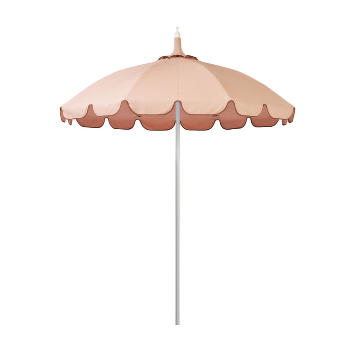 Basil Bangs Pagoda 2.1m commercial patio umbrella with a clay brown canopy and brown binding scalloped valance and a white powder-coated frame.