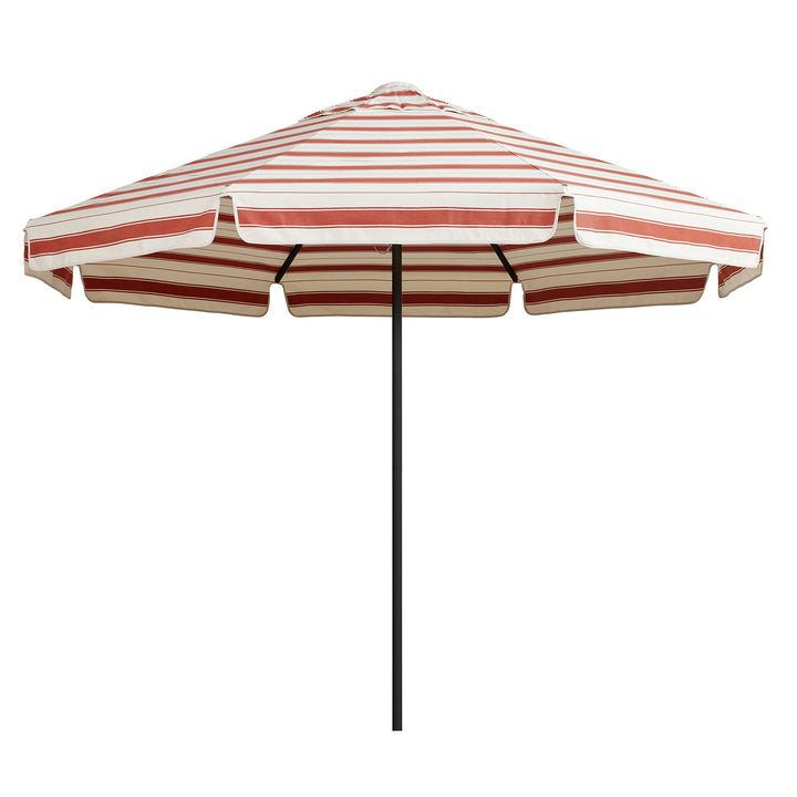 2.8m Sundial patio umbrella in a chestnut and white striped canopy with a black textured frame.