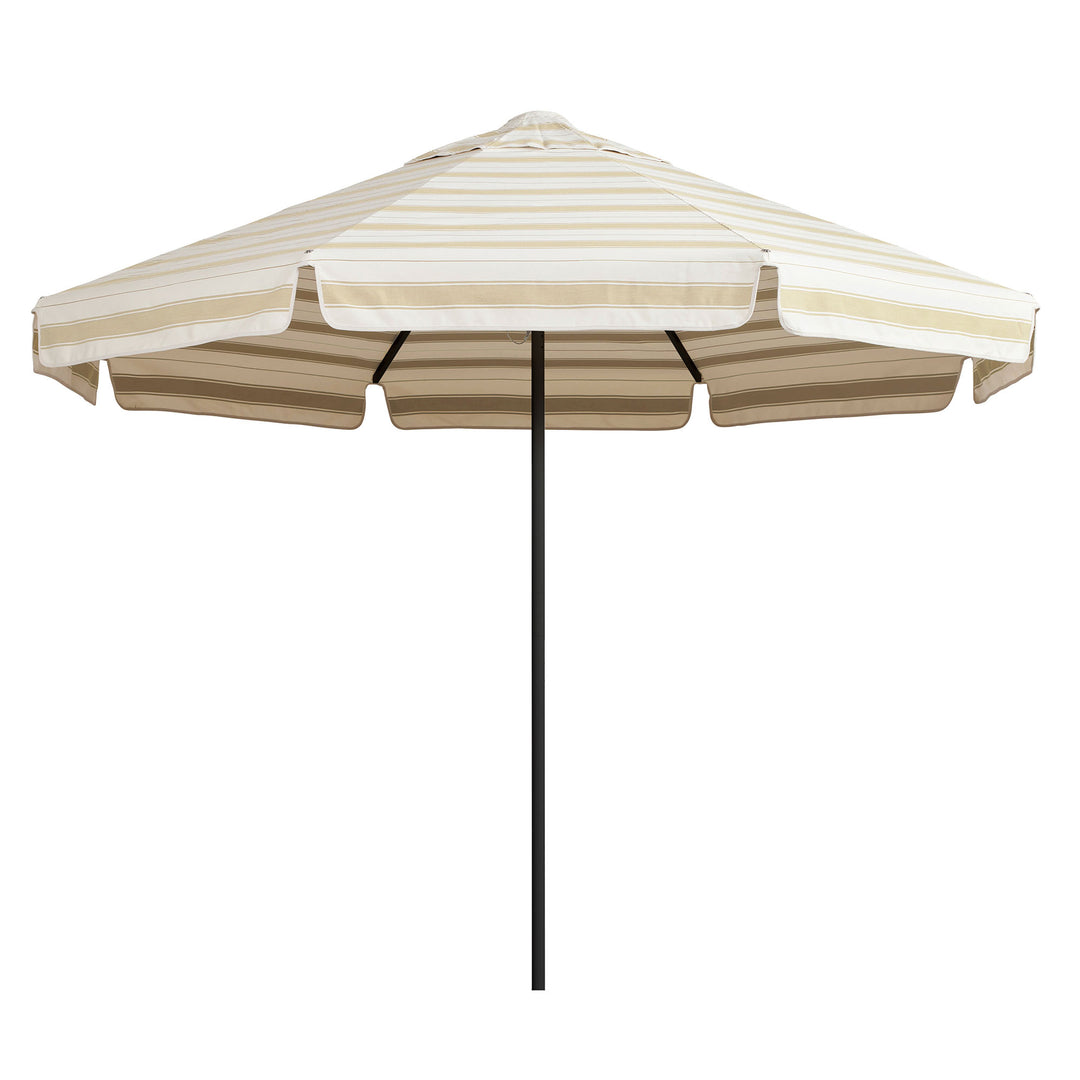 2.8m Sundial patio umbrella in a tan and white striped canopy with a black textured frame.