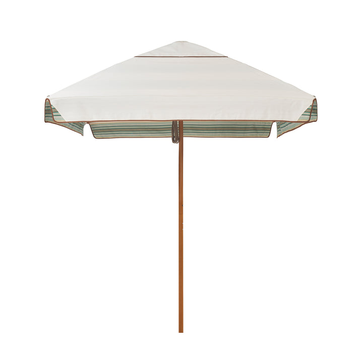 2m Sundial Umbrella - Woodgrain - Straight Valance - Tailored Stripe - Green/Beige