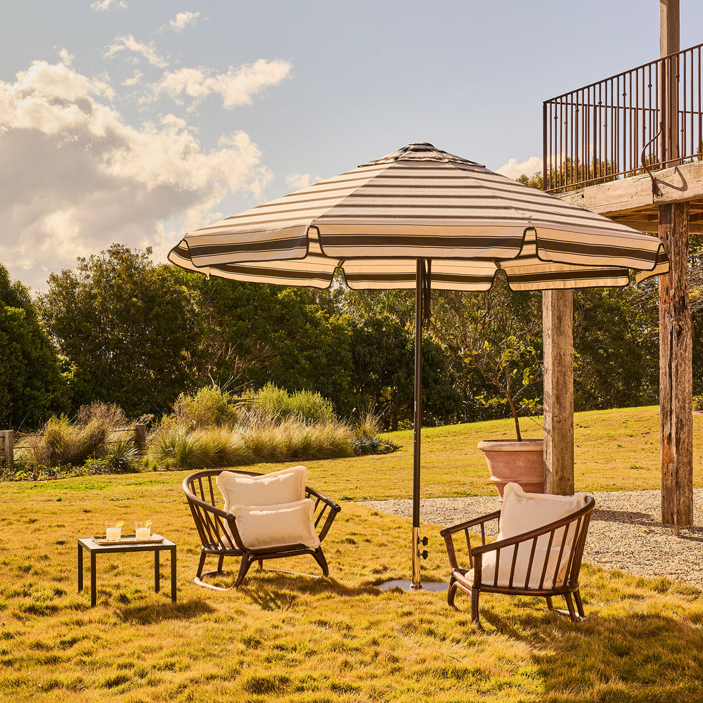 Basil Bangs 2.8m patio umbrella with black frame and black Al Mare stripe canopy