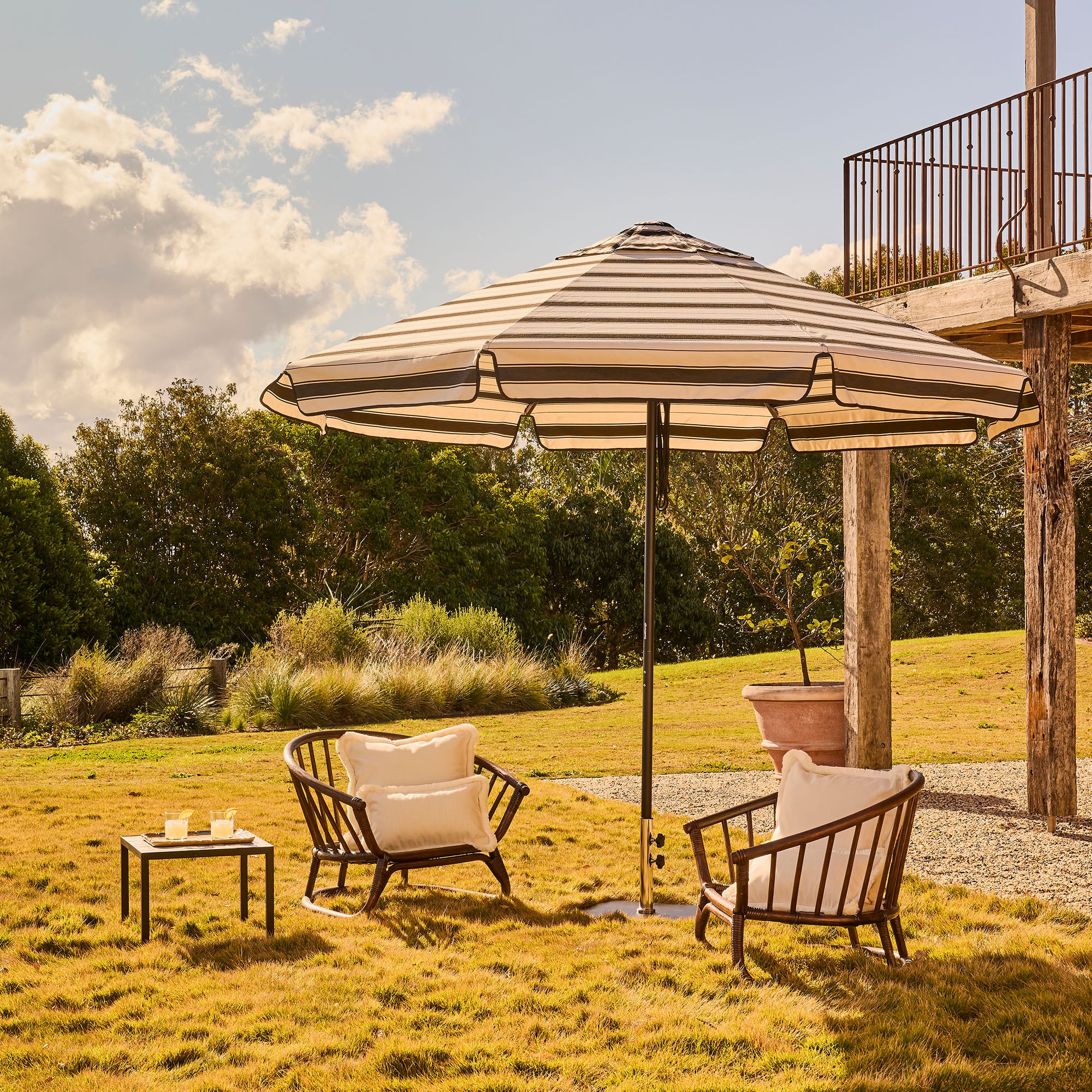 Basil Bangs 2.8m patio umbrella with black frame and black Al Mare stripe canopy