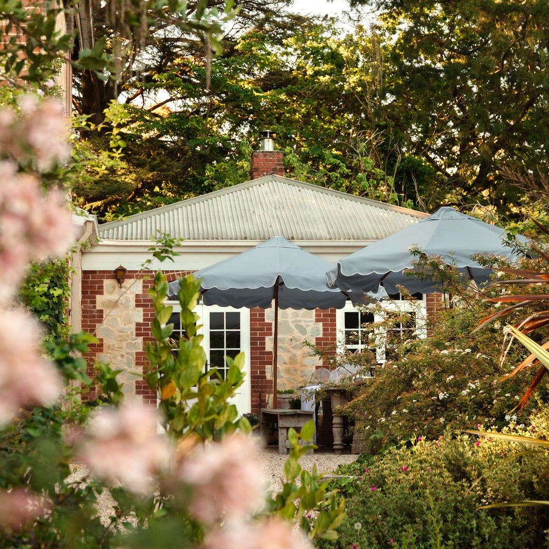 2.8m Sundial Umbrella - Woodgrain - Scallop Valance - Dusk Blue