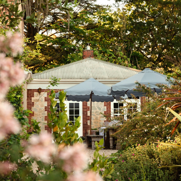 2.8m Sundial Umbrella - Woodgrain - Scallop Valance - Dusk Blue