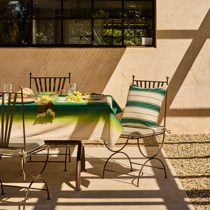 Basil Bangs forest Green Ombre outdoor acrylic tablecloth. For indoor or outdoor use. Water and stain resistant