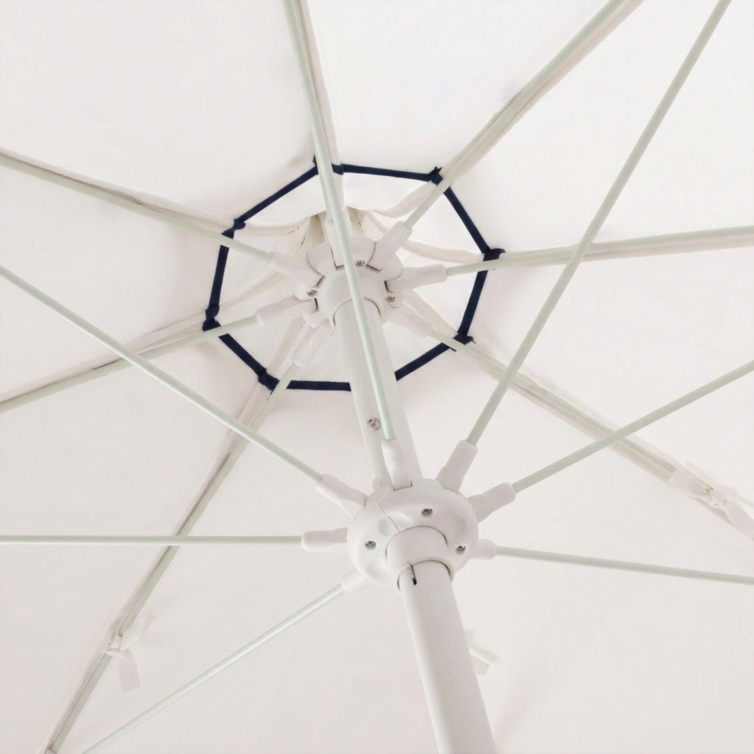 Basil Bangs Pagoda 2.1m commercial patio umbrella internal frame detail showing white powder-coated centre pole and fibreglass ribs