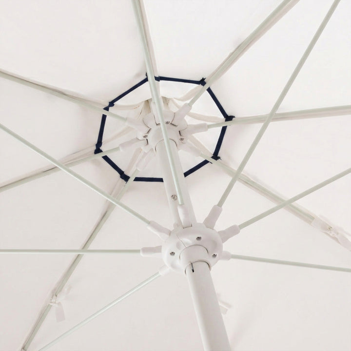 Basil Bangs Pagoda 2.1m commercial patio umbrella internal frame detail showing white powder-coated centre pole and fibreglass ribs