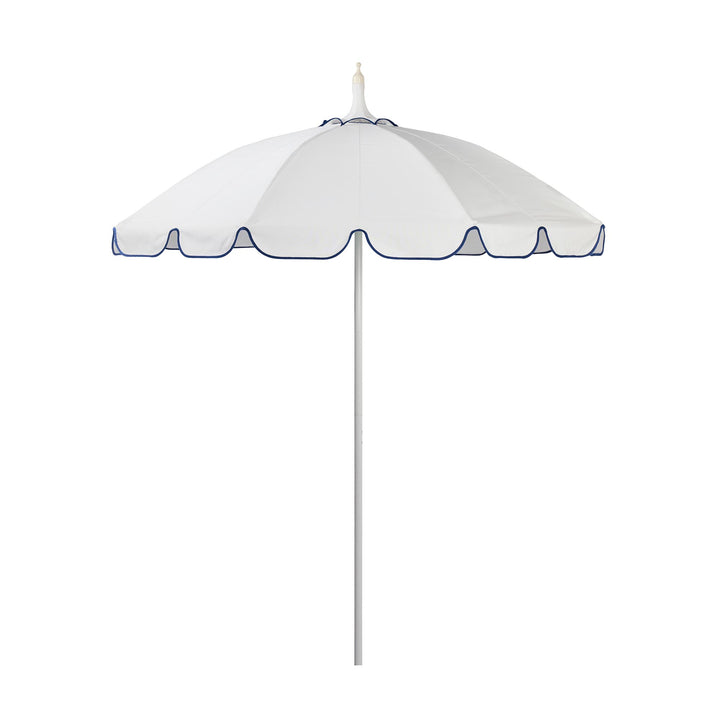 Basil Bangs Pagoda 2.1m commercial patio umbrella with a white and navy blue scalloped canopy and a white powder-coated frame.