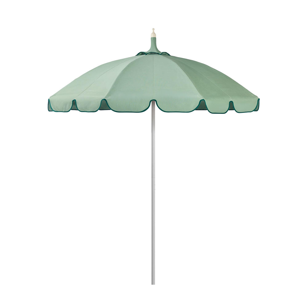 Basil Bangs Pagoda 2.1m commercial patio umbrella with a sage green and forest green scalloped canopy and a white powder-coated frame.