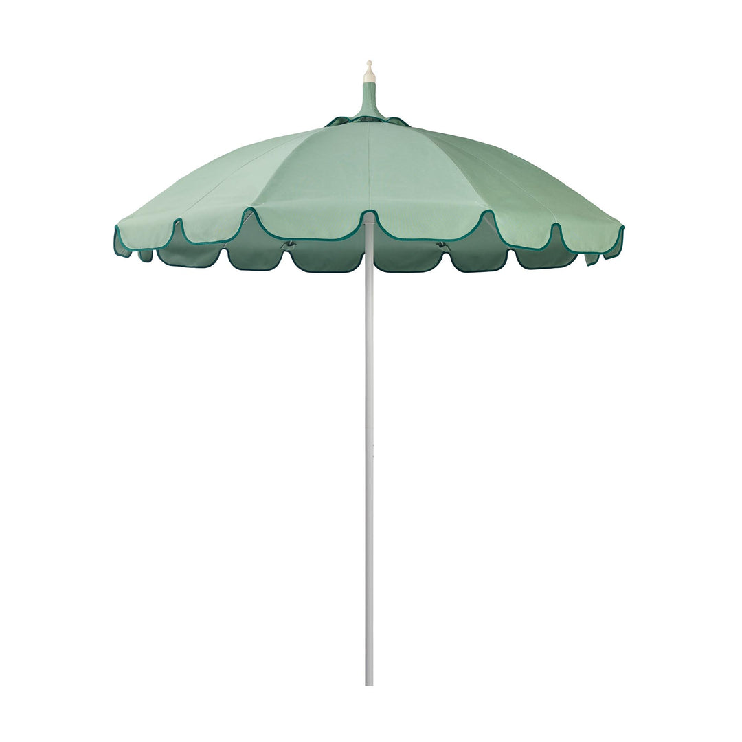 Basil Bangs Pagoda 2.1m commercial patio umbrella with a sage green and forest green scalloped canopy and a white powder-coated frame.