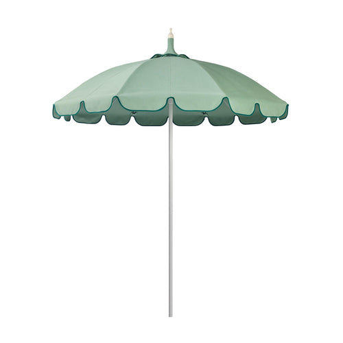 Basil Bangs Pagoda 2.1m commercial patio umbrella with a sage green and forest green scalloped canopy and a white powder-coated frame.