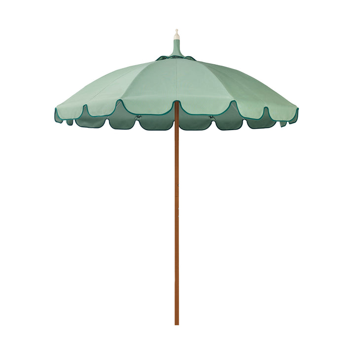 Basil Bangs Pagoda 2.1m commercial patio umbrella with a sage green and forest green scalloped canopy and a woodgrain powder-coated frame.