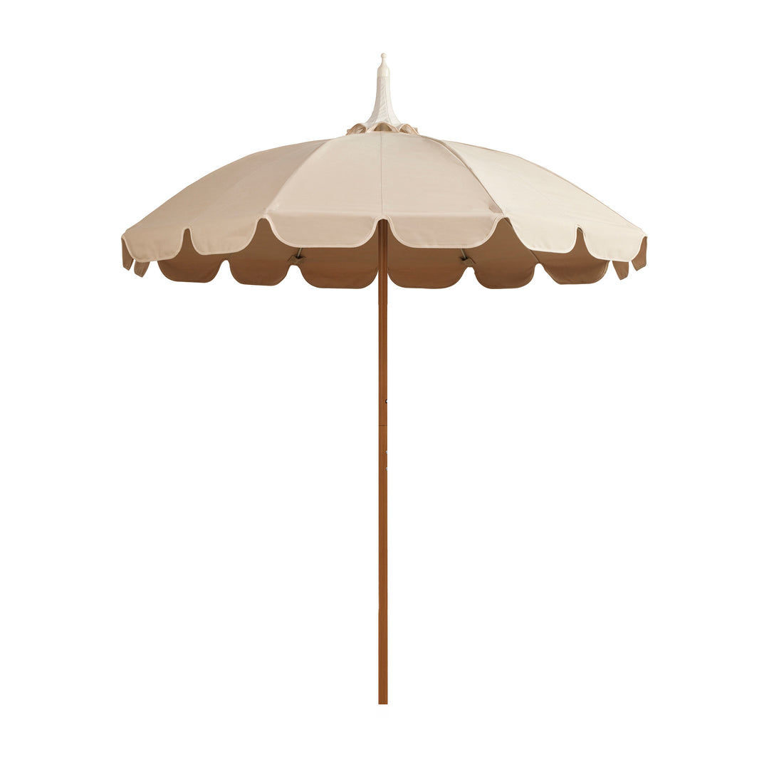 Basil Bangs Pagoda 2.1m commercial patio umbrella with a linen beige and raw scalloped canopy and a woodgrain powder-coated frame.