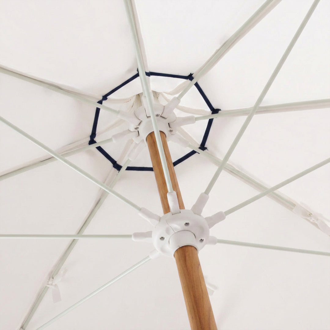 Basil Bangs Pagoda 2.1m commercial patio umbrella internal frame detail showing woodgrain powder-coated centre pole and fibreglass ribs
