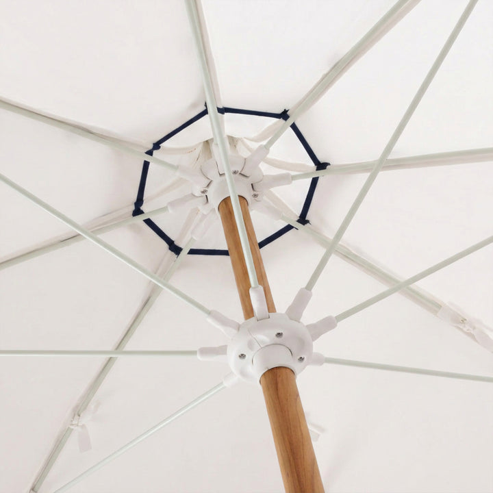 Basil Bangs Pagoda 2.1m commercial patio umbrella internal frame detail showing woodgrain powder-coated centre pole and fibreglass ribs