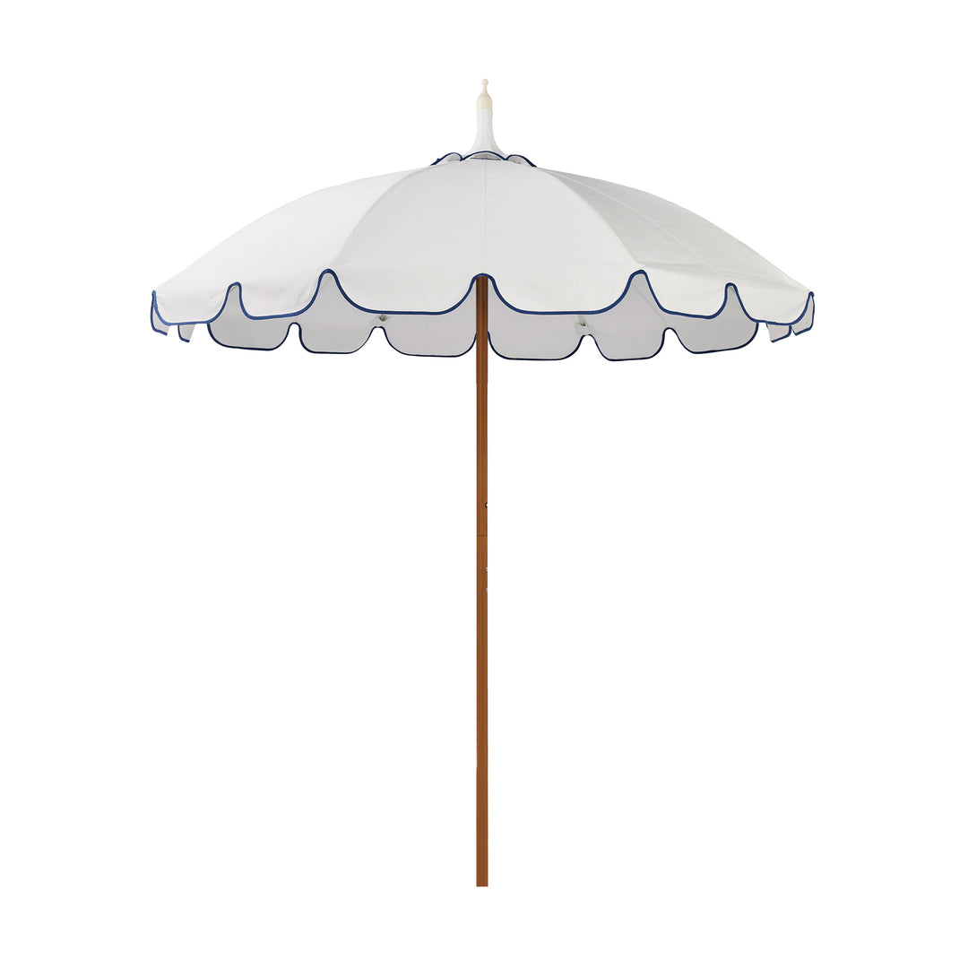 Basil Bangs Pagoda 2.1m commercial patio umbrella with a white canopy and marine binding scalloped valance and a woodgrain powder-coated frame.