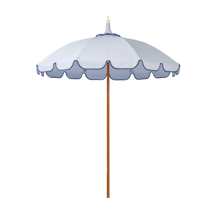 Basil Bangs Pagoda 2.1m commercial patio umbrella with a dusk blue canopy and marine binding scalloped valance and a woodgrain powder-coated frame.