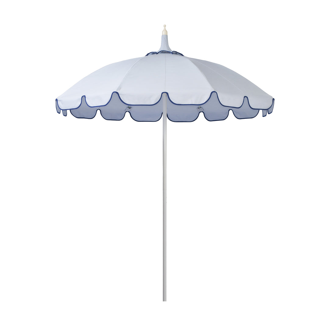 Basil Bangs Pagoda 2.1m commercial patio umbrella with a dusk blue canopy and marine binding scalloped valance and a woodgrain powder-coated frame.