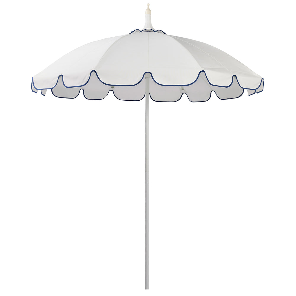 Basil Bangs Pagoda 2.1m commercial patio umbrella with a white and navy blue scalloped canopy and a white powder-coated frame.