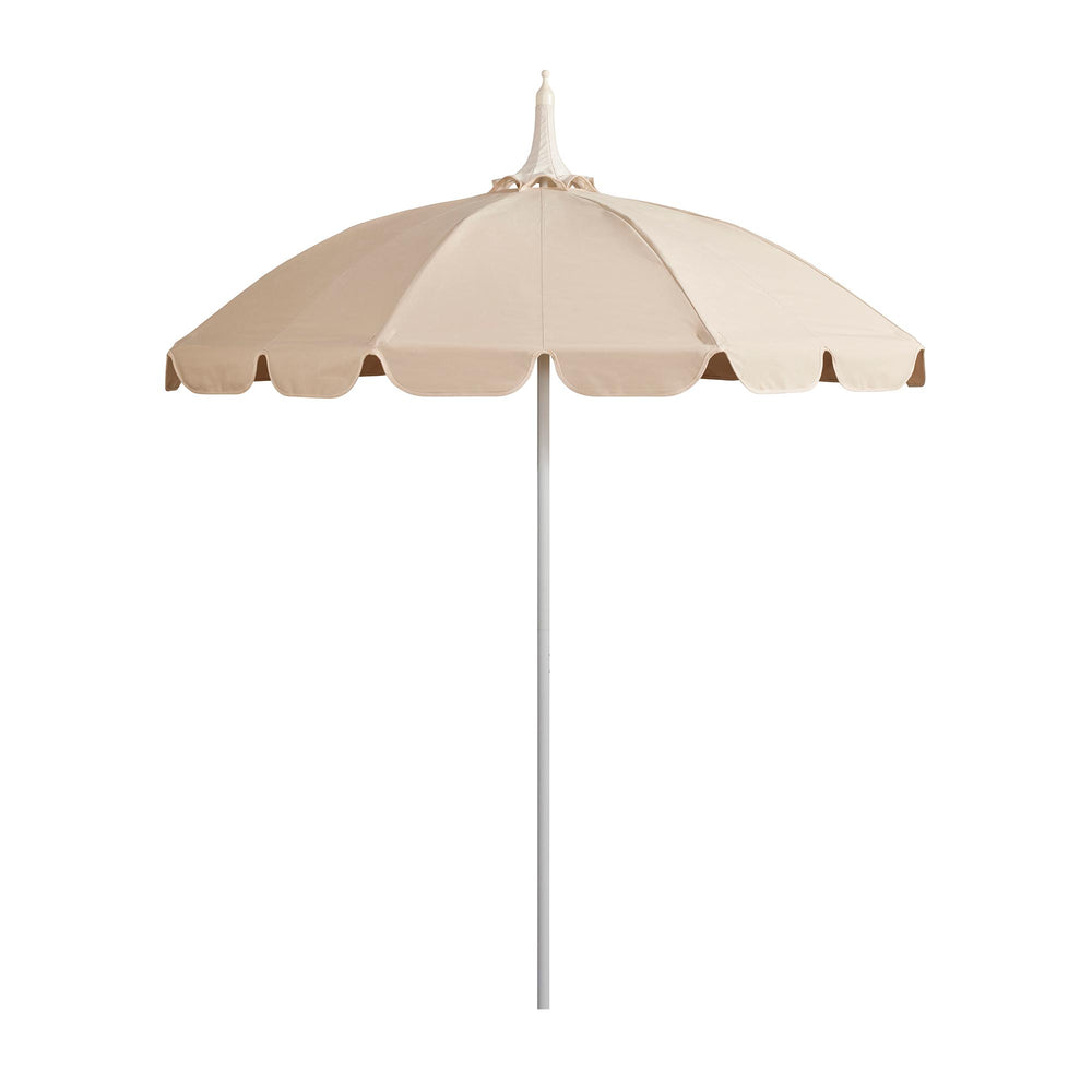 Basil Bangs Pagoda 2.1m commercial patio umbrella with a neutral linen and raw scalloped canopy and a white powder-coated frame.