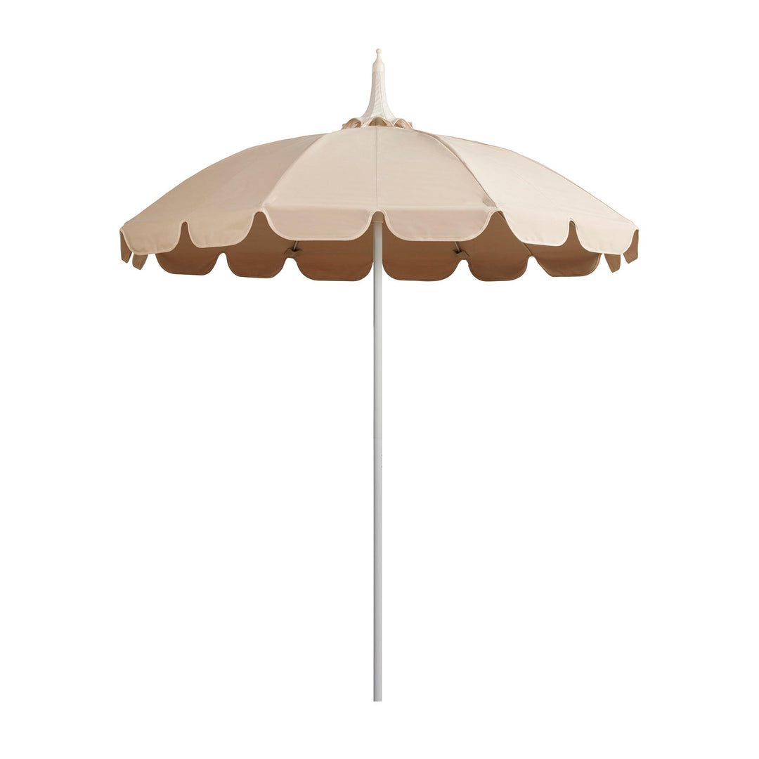 Basil Bangs Pagoda 2.1m commercial patio umbrella with a neutral linen and raw scalloped canopy and a white powder-coated frame.