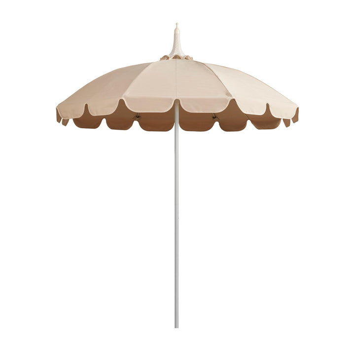 Basil Bangs Pagoda 2.1m commercial patio umbrella with a neutral linen and raw scalloped canopy and a white powder-coated frame.