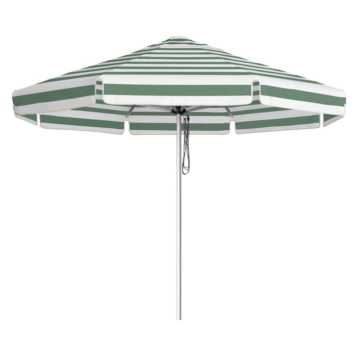 Go Large Umbrella by Basil Bangs, an engineer-certified, wind-rated patio umbrella with a reinforced aluminium frame for residential and commercial use.