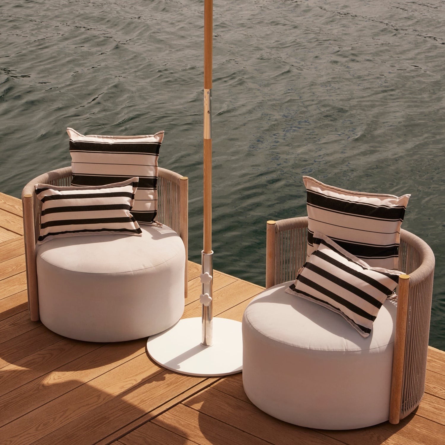 Basil Bangs Sabbia Al Mare and Amore Premium Cushions on Outdoor Lounges at Lilypad in Palm Beach