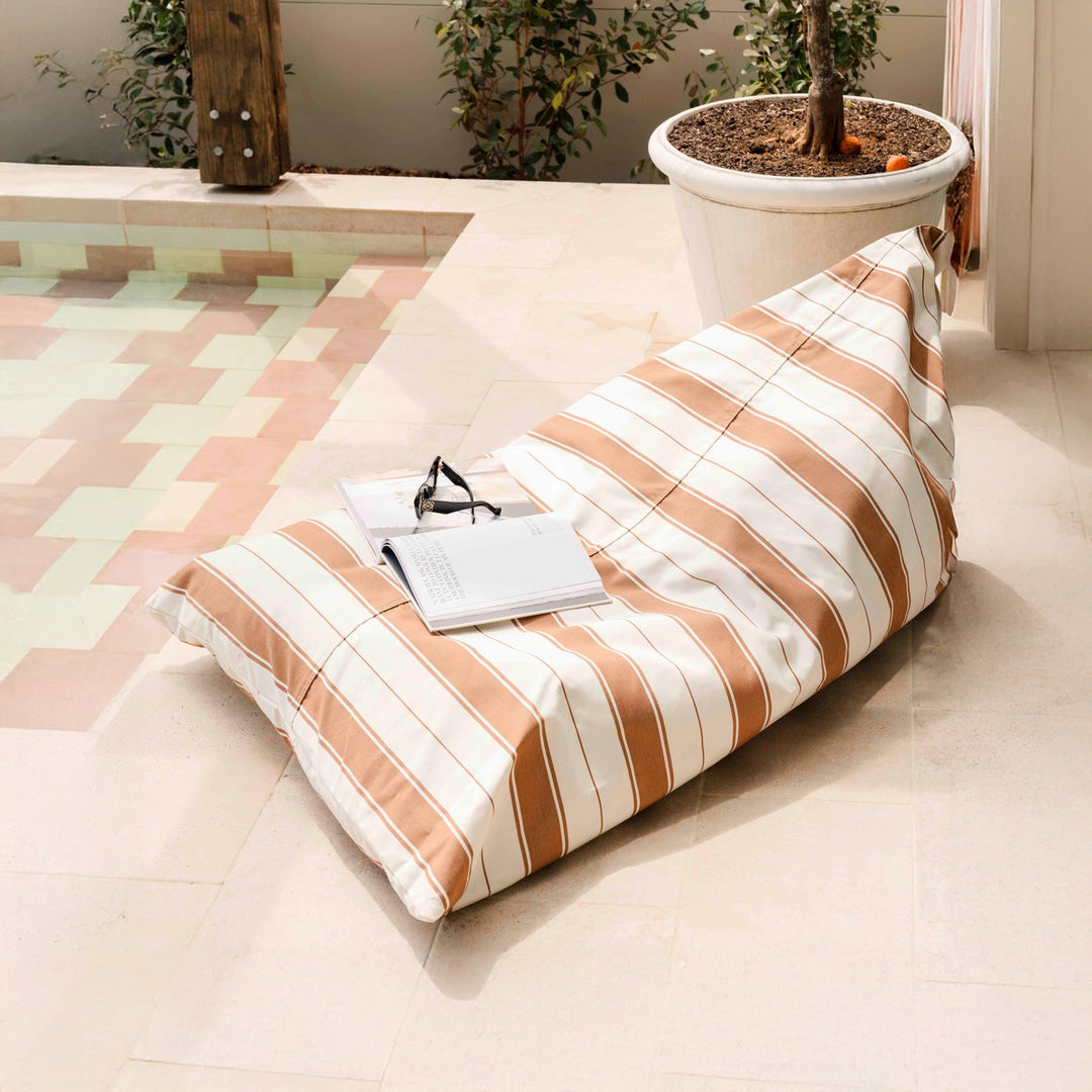 Brown and Ecru off white stripe bean bag by a pool - Al Mare Stripe - Terra - Shop
