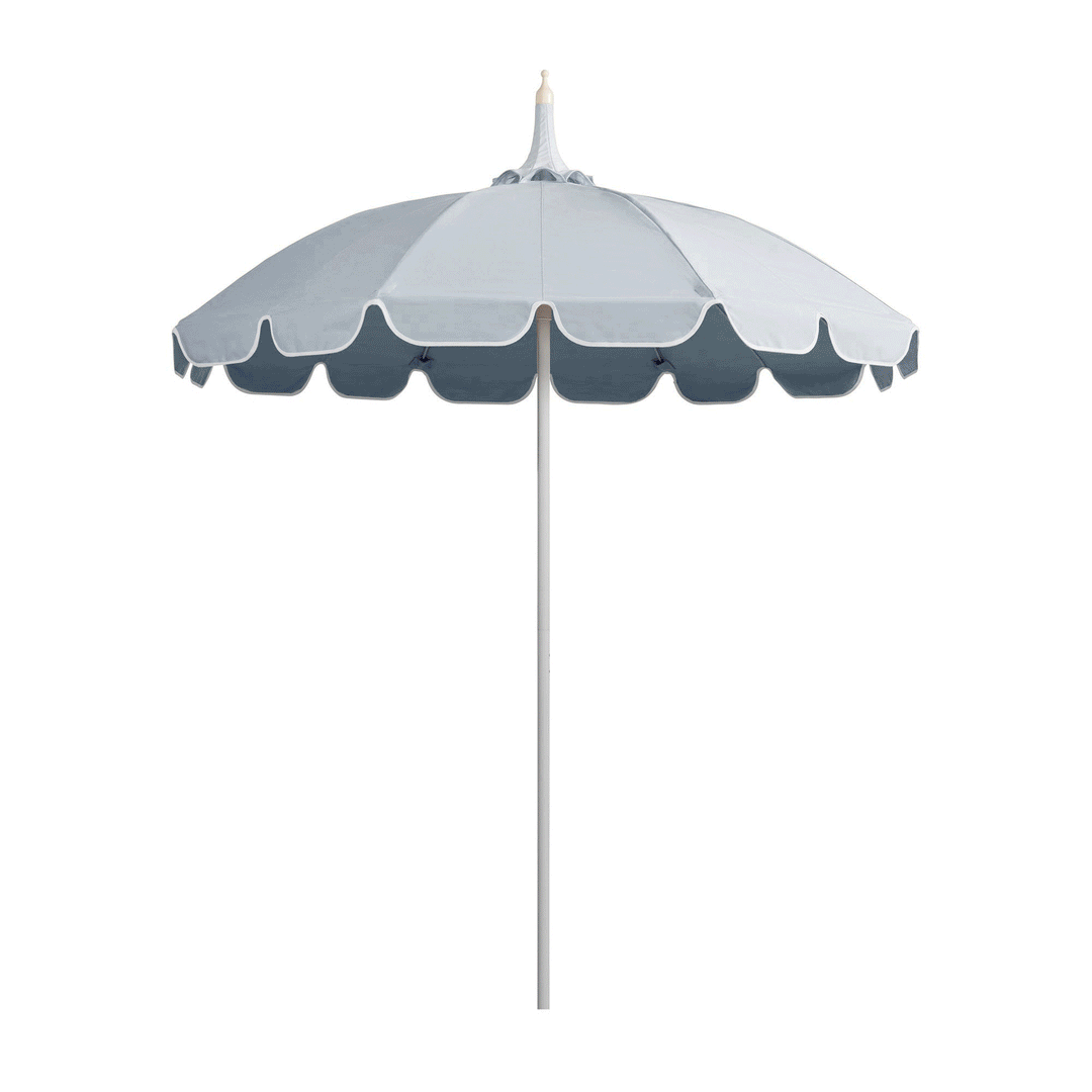 Basil Bangs Pagoda 2.1m commercial patio umbrella with customisable canopy and a white powder-coated frame.